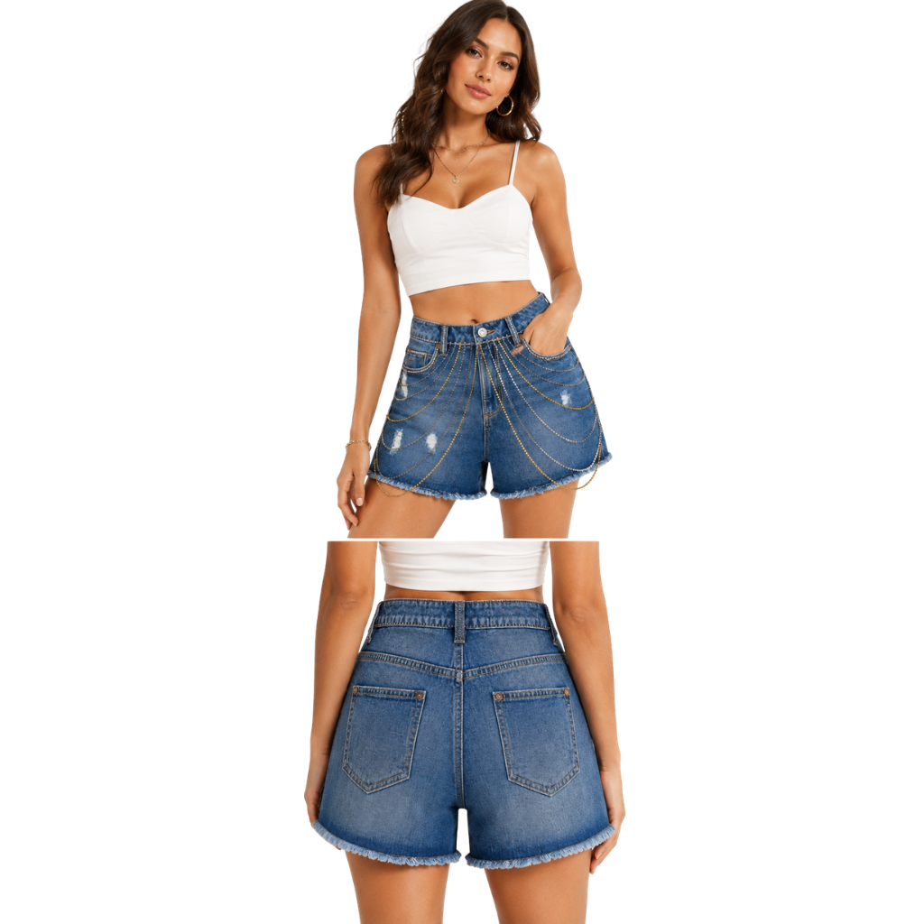 Wildgeese Handcrafted Crystal Chain Embellished Premium Denim Shorts – Luxury Designer High-Waisted Jean Shorts
