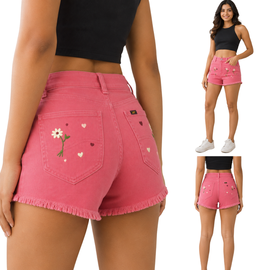 Wildgeese Handcrafted Floral Embroidered Pink Denim Shorts – Premium Frayed Hem High-Waisted Shorts