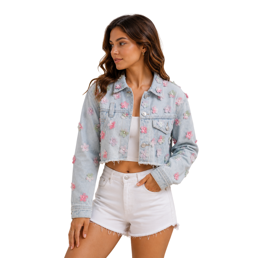 Wildgeese Handcrafted 3D Floral Cropped Denim Jacket – Premium Designer Women's Light Wash Jacket