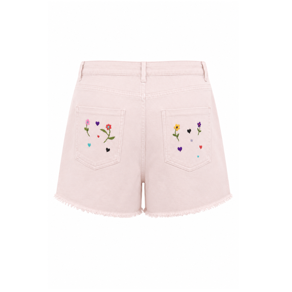 Wildgeese Handcrafted Floral Embroidered Blush Pink Denim Shorts for Women – High Rise Cotton Summer Shorts