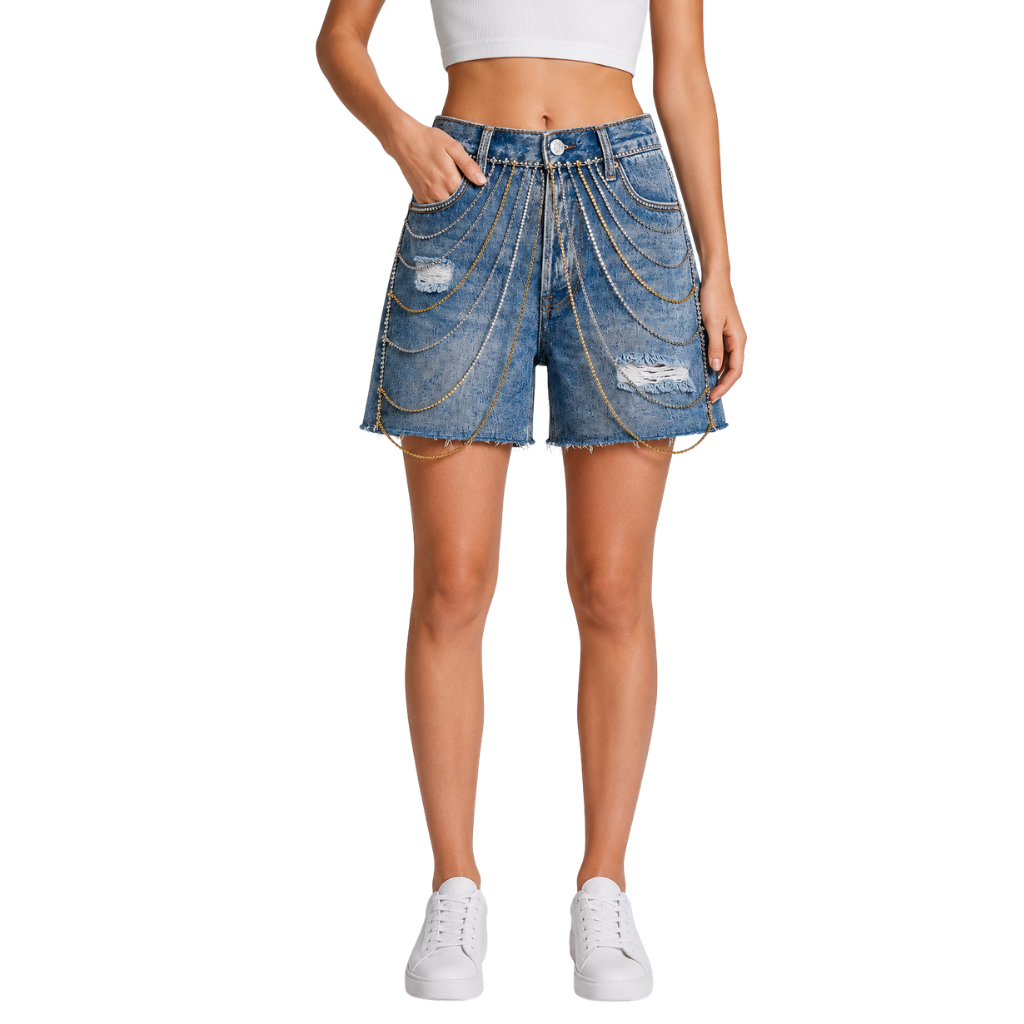 Wildgeese Handcrafted Rhinestone Chain Embellished Premium Light Wash Denim Shorts – Luxury High-Waisted Statement Shorts