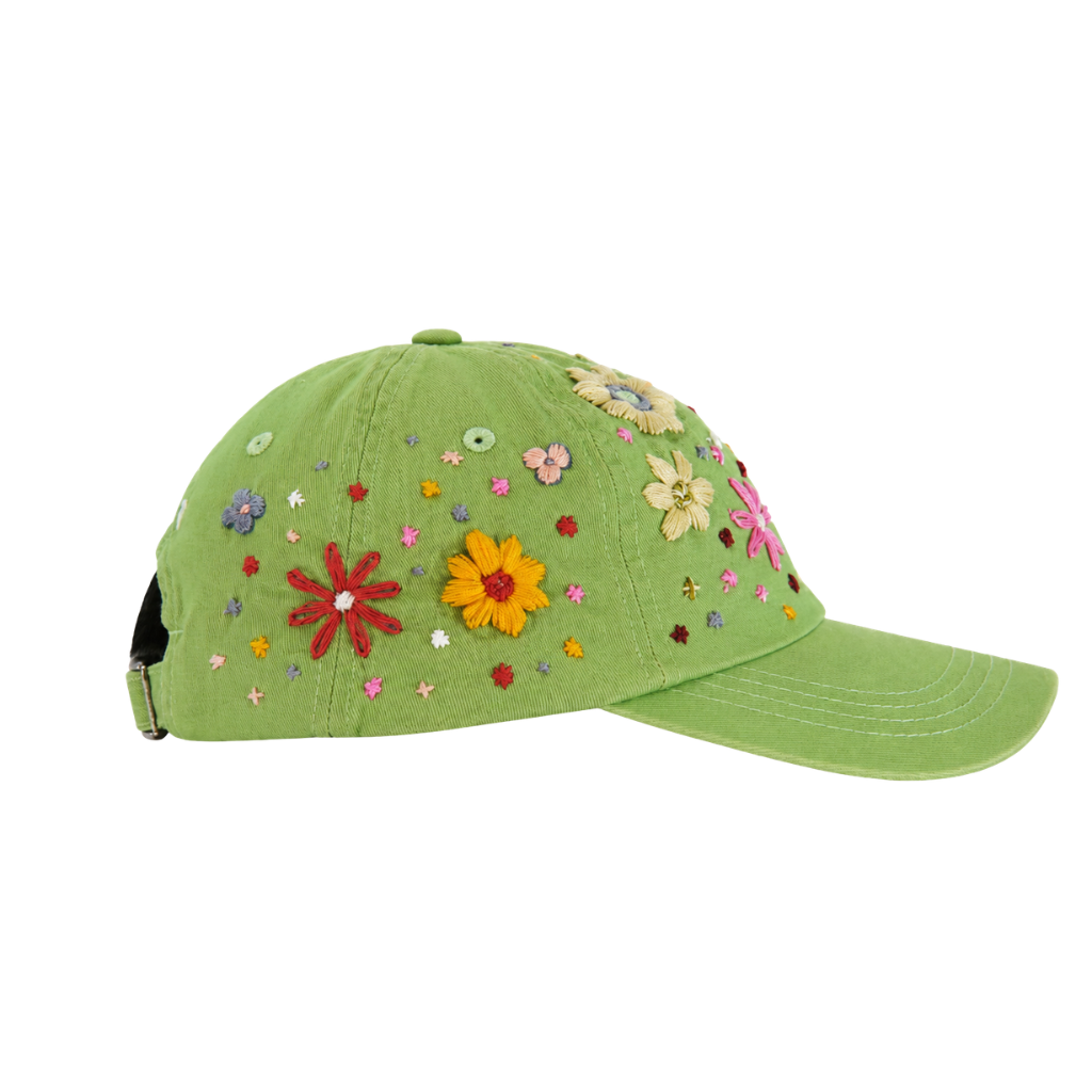 Wildgeese Meadow Bloom Embroidered Green Cotton Baseball Cap – Artisan Adjustable Floral Hat