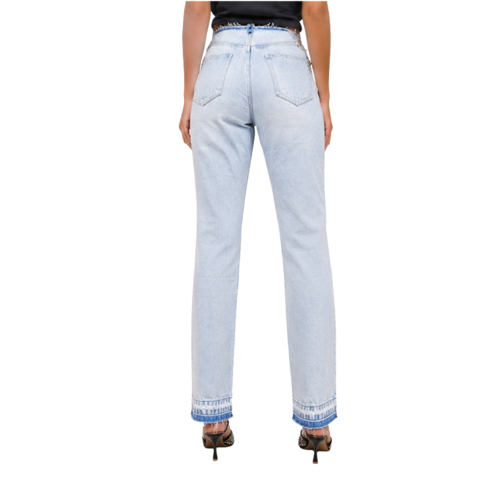 Wildgeese Crystal Cutout Straight Leg Jeans – Light Wash Rhinestone Denim Pants for Women