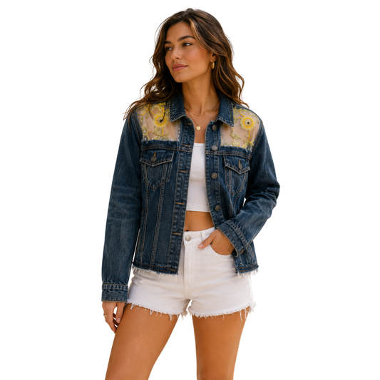 Wildgeese Handcrafted Sheer Floral Embroidered Dark Wash Denim Jacket – Premium Designer Women's Outerwear