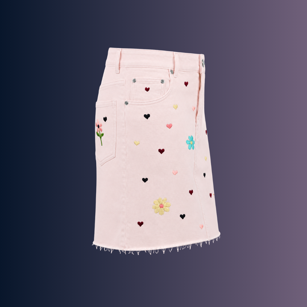 Wildgeese Blush Petal Embroidered Denim Mini Skirt – Women's High-Rise Floral Heart A-Line Skirt