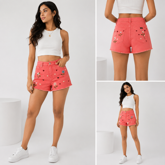 Wildgeese Handcrafted Floral Embroidered Coral Denim Shorts – Premium Artisan Frayed Hem Shorts for Women