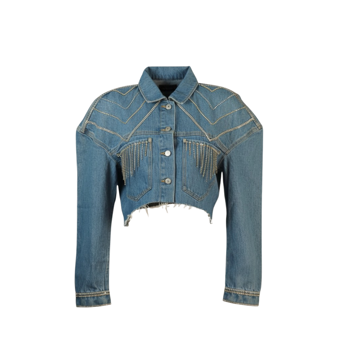 Wildgeese Handcrafted Crystal Fringe Denim Jacket – Unique Handmade Cropped Blue Denim Outerwear with Rhinestone Embellishments – Artisan Made Statement Fashion