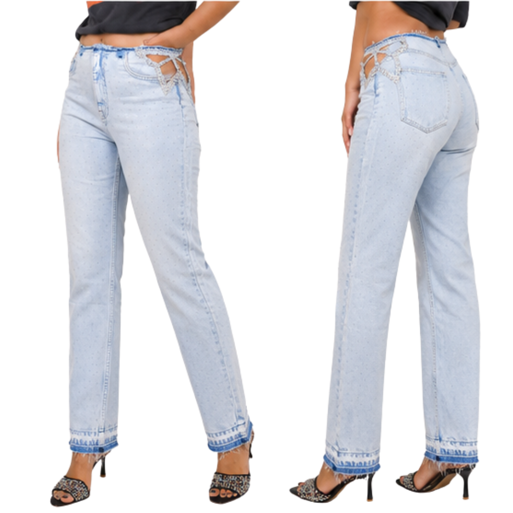 Wildgeese Crystal Cutout Straight Leg Jeans – Light Wash Rhinestone Denim Pants for Women