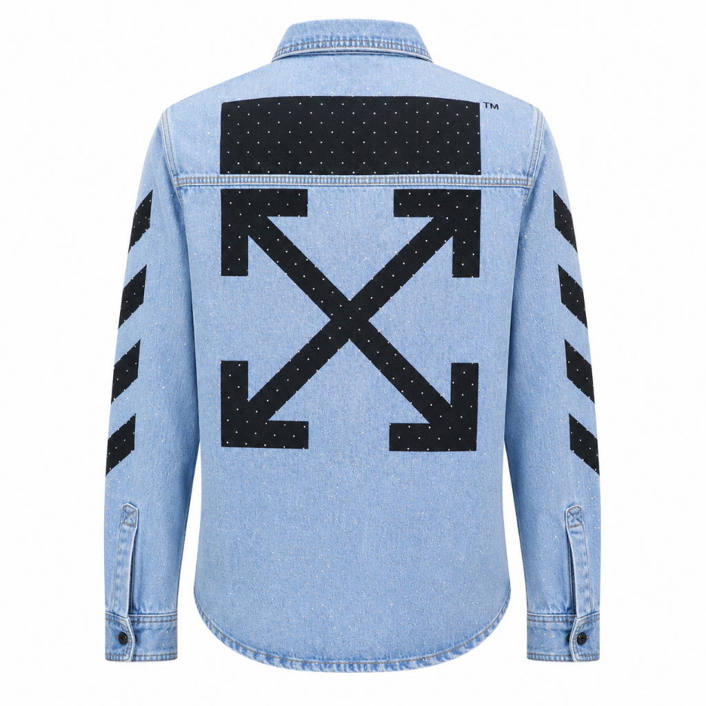 Light Blue Denim Shirt with Signature Arrow Sleeve & Back Graphic – Premium Casual Streetwear Shirt