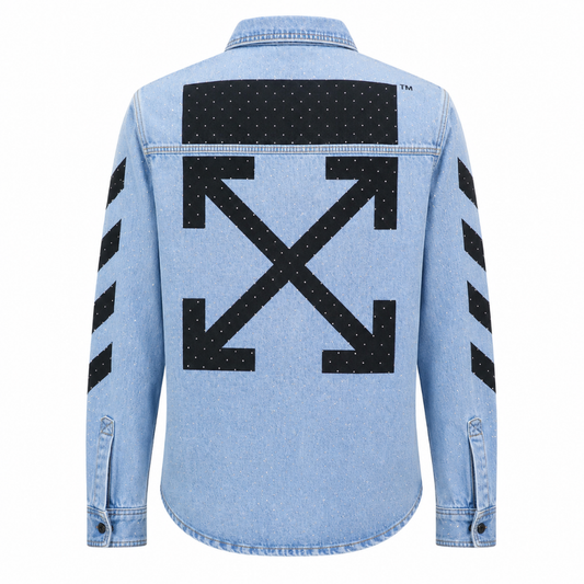 Light Blue Denim Shirt with Signature Arrow Sleeve & Back Graphic – Premium Casual Streetwear Shirt