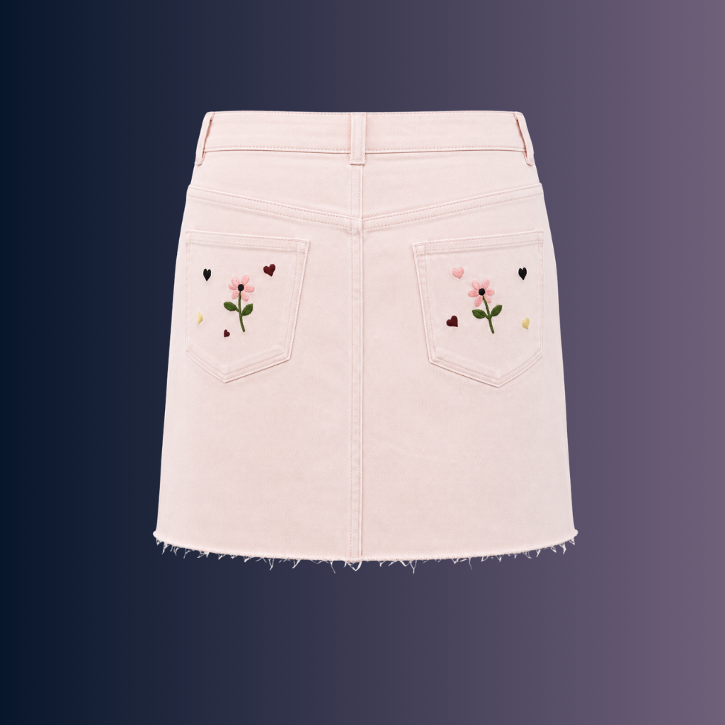 Wildgeese Blush Petal Embroidered Denim Mini Skirt – Women's High-Rise Floral Heart A-Line Skirt