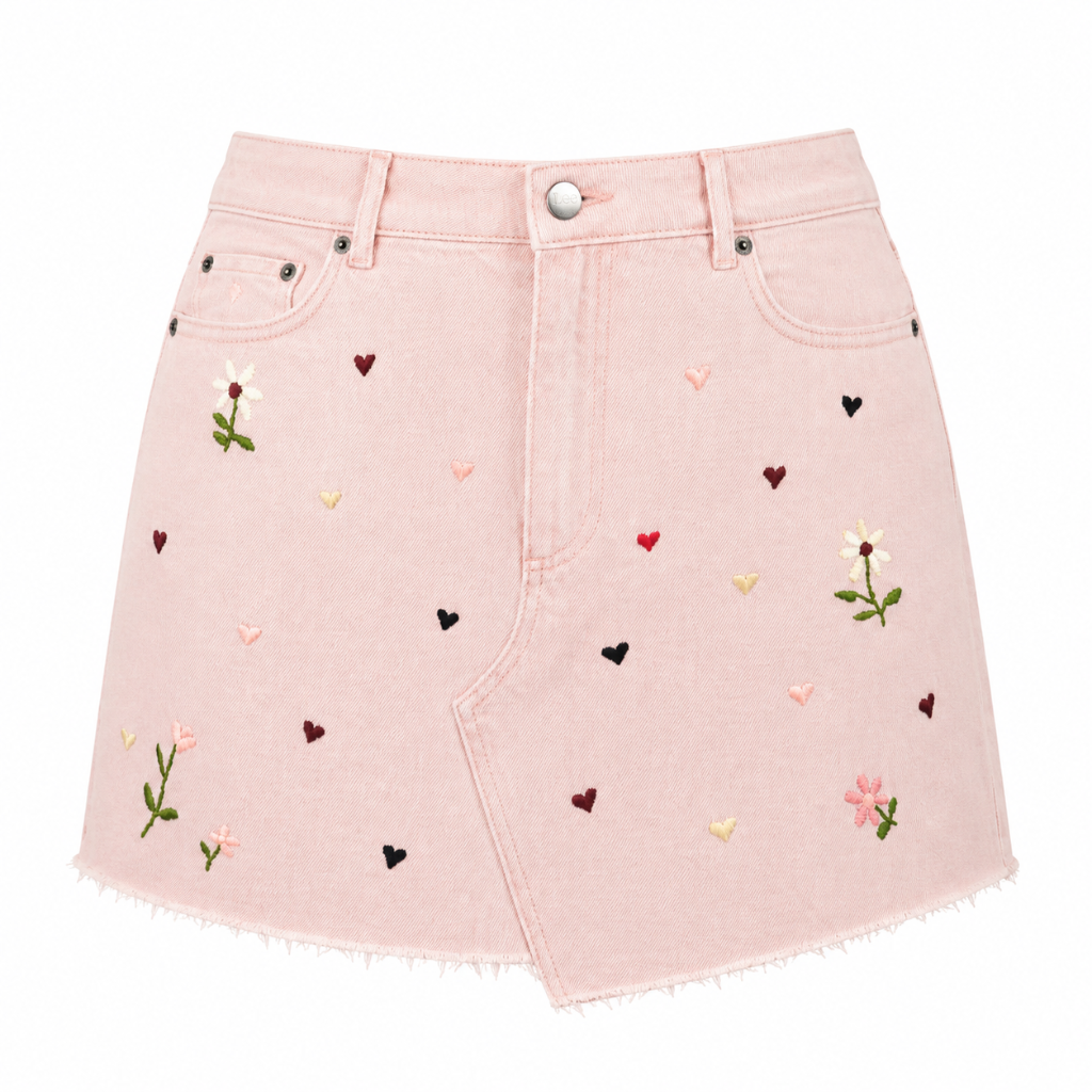 Wildgeese Handcrafted Floral Embroidered Pink Denim Mini Skirt – Asymmetrical Frayed Hem Artisan Skirt for Women