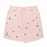 Wildgeese Handcrafted Floral Embroidered Pink Denim Mini Skirt – Asymmetrical Frayed Hem Artisan Skirt for Women