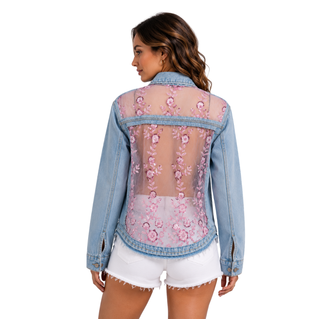 Wildgeese Handcrafted Sheer Floral Embroidered Light Wash Denim Shirt Jacket – Premium Women's Designer Overshirt