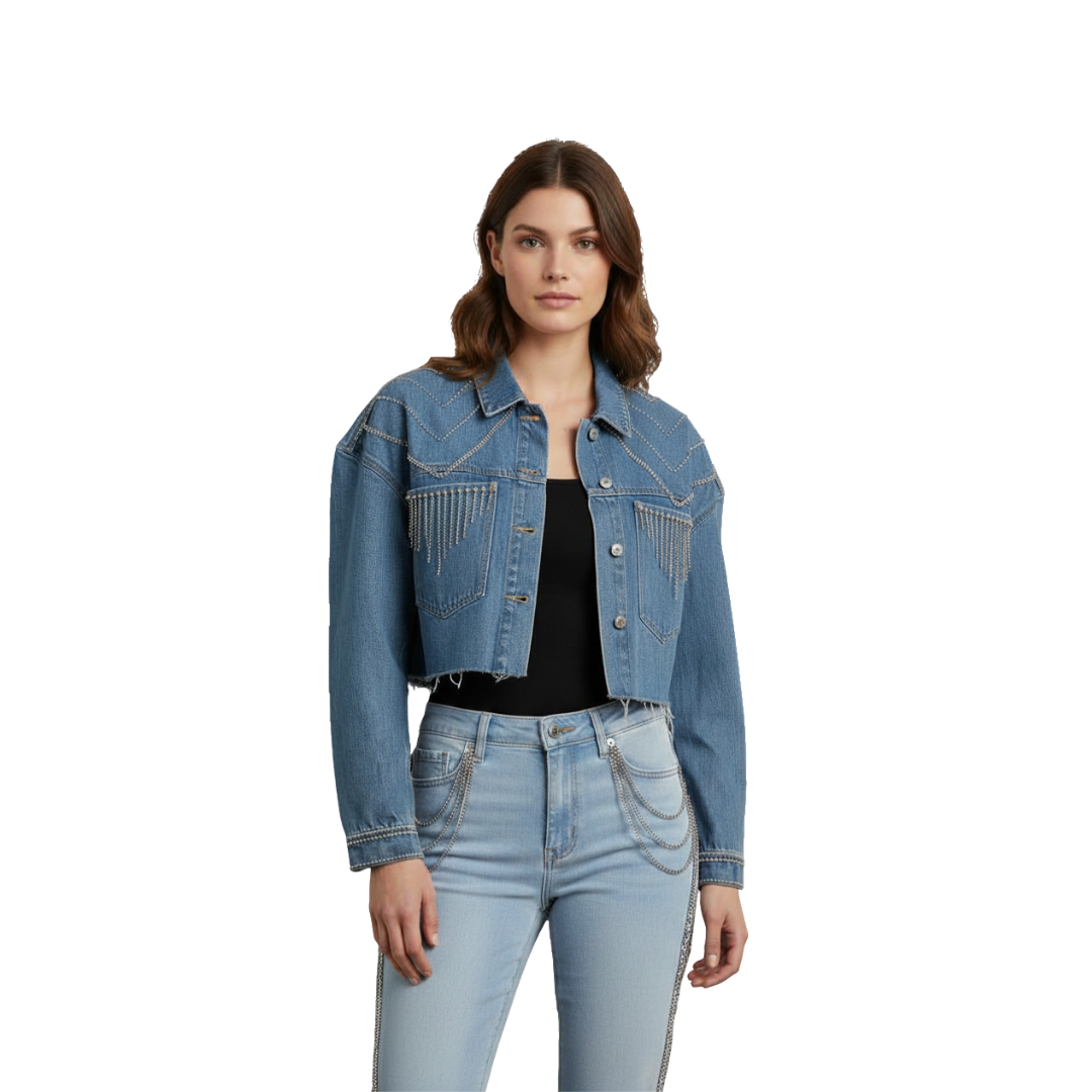 Wildgeese Handcrafted Crystal Fringe Denim Jacket – Unique Handmade Cropped Blue Denim Outerwear with Rhinestone Embellishments – Artisan Made Statement Fashion