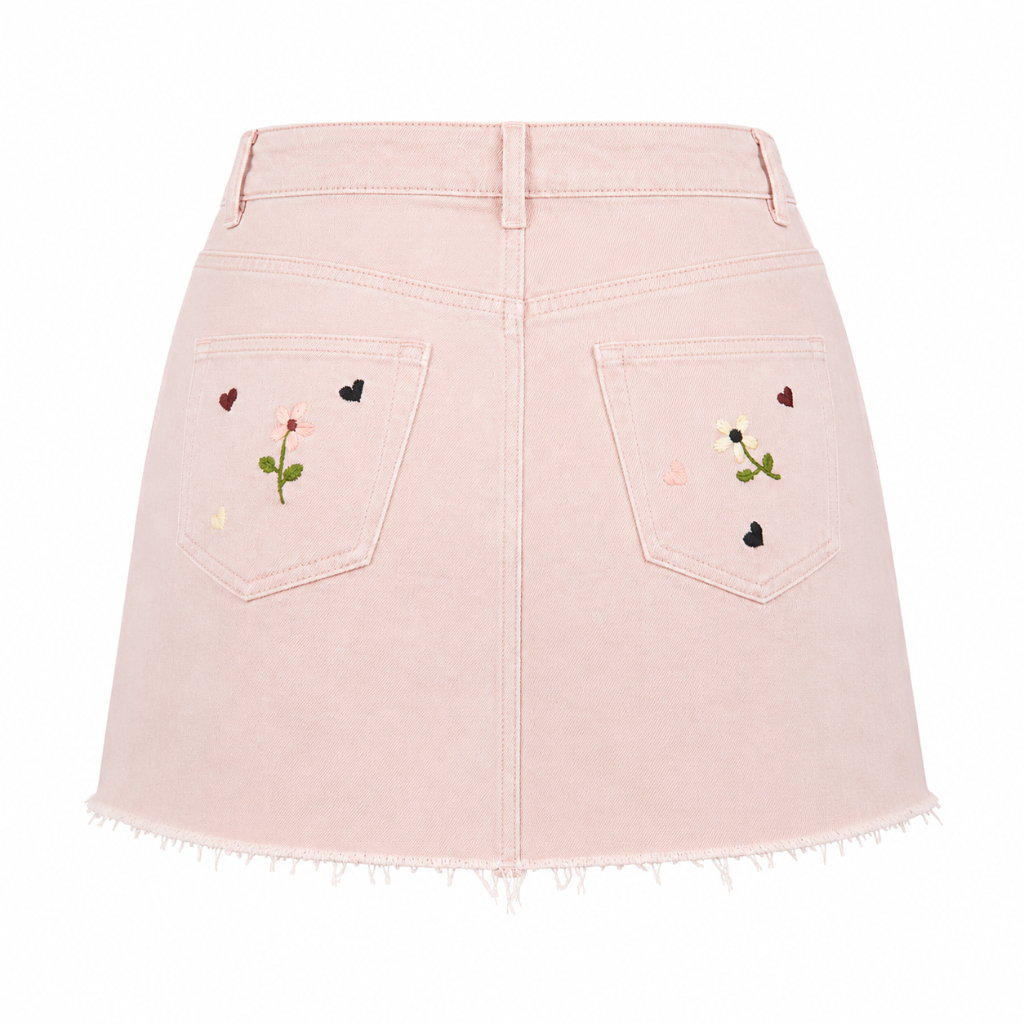 Wildgeese Handcrafted Floral Embroidered Pink Denim Mini Skirt – Asymmetrical Frayed Hem Artisan Skirt for Women