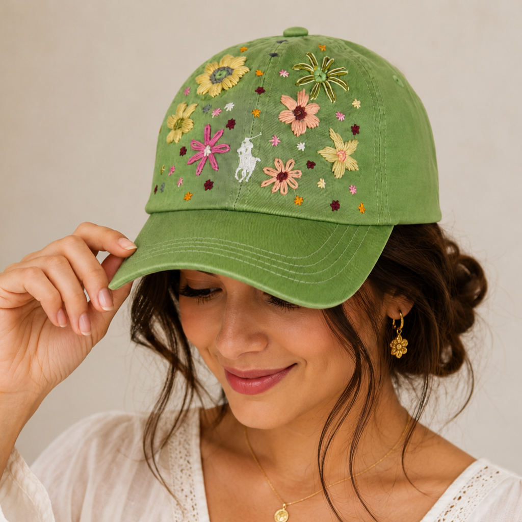 Wildgeese Meadow Bloom Embroidered Green Cotton Baseball Cap – Artisan Adjustable Floral Hat