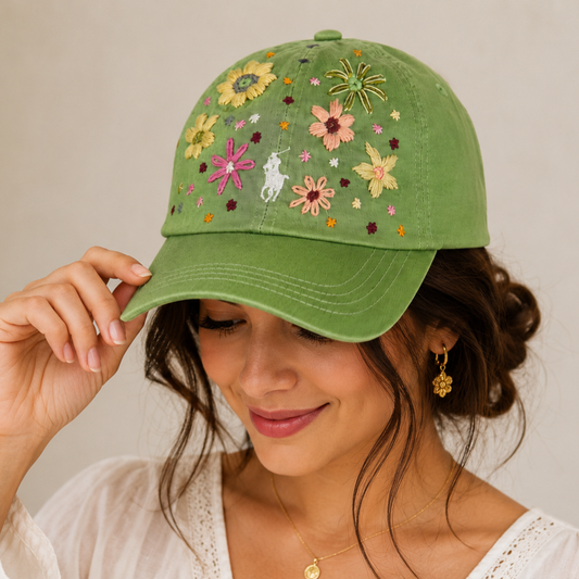 Wildgeese Meadow Bloom Embroidered Green Cotton Baseball Cap – Artisan Adjustable Floral Hat