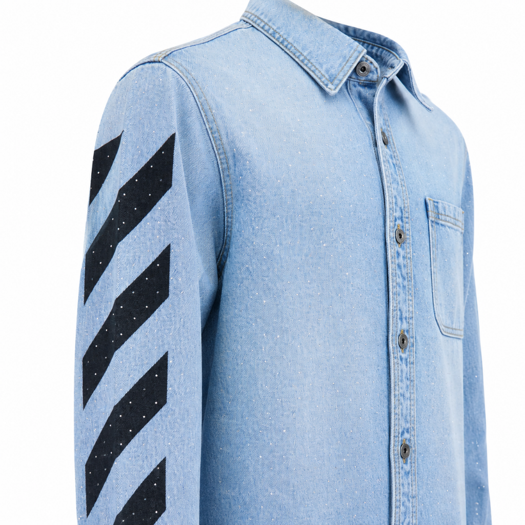 Light Blue Denim Shirt with Signature Arrow Sleeve & Back Graphic – Premium Casual Streetwear Shirt