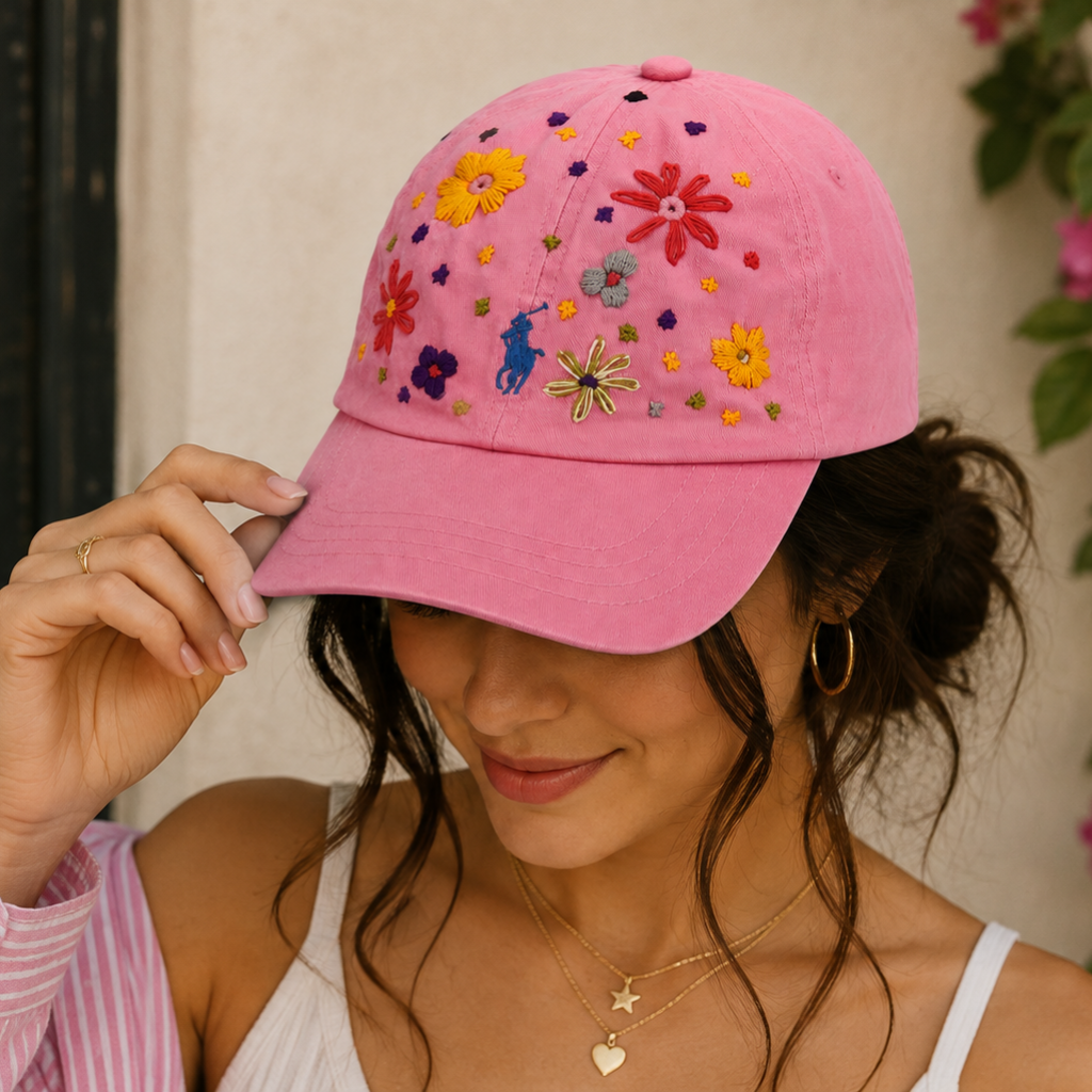 Wildgeese Pink Petal Parade Floral Embroidered Adjustable Polo Cap