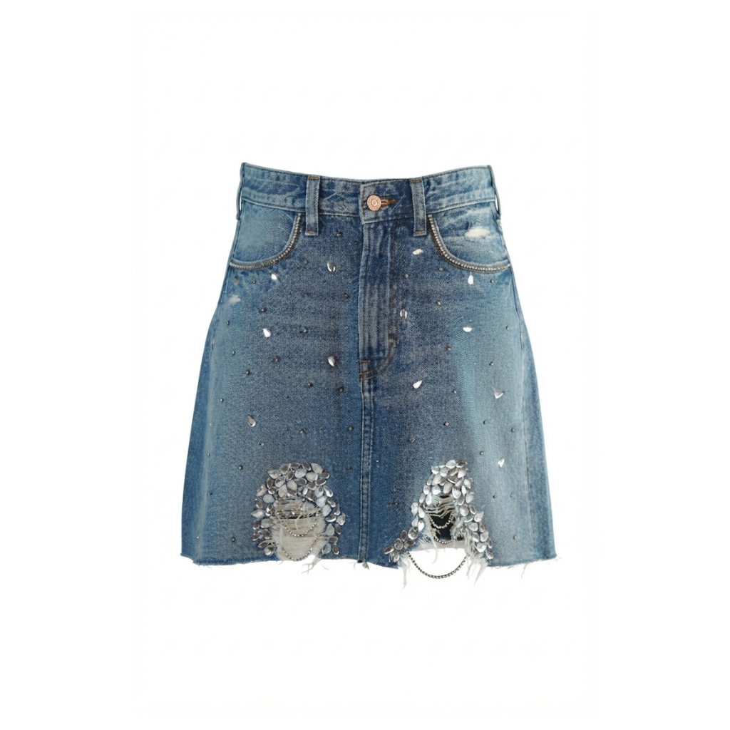 Wildgeese Handcrafted Crystal Embellished Distressed Denim Mini Skirt – Premium Designer Rhinestone Jean Skirt