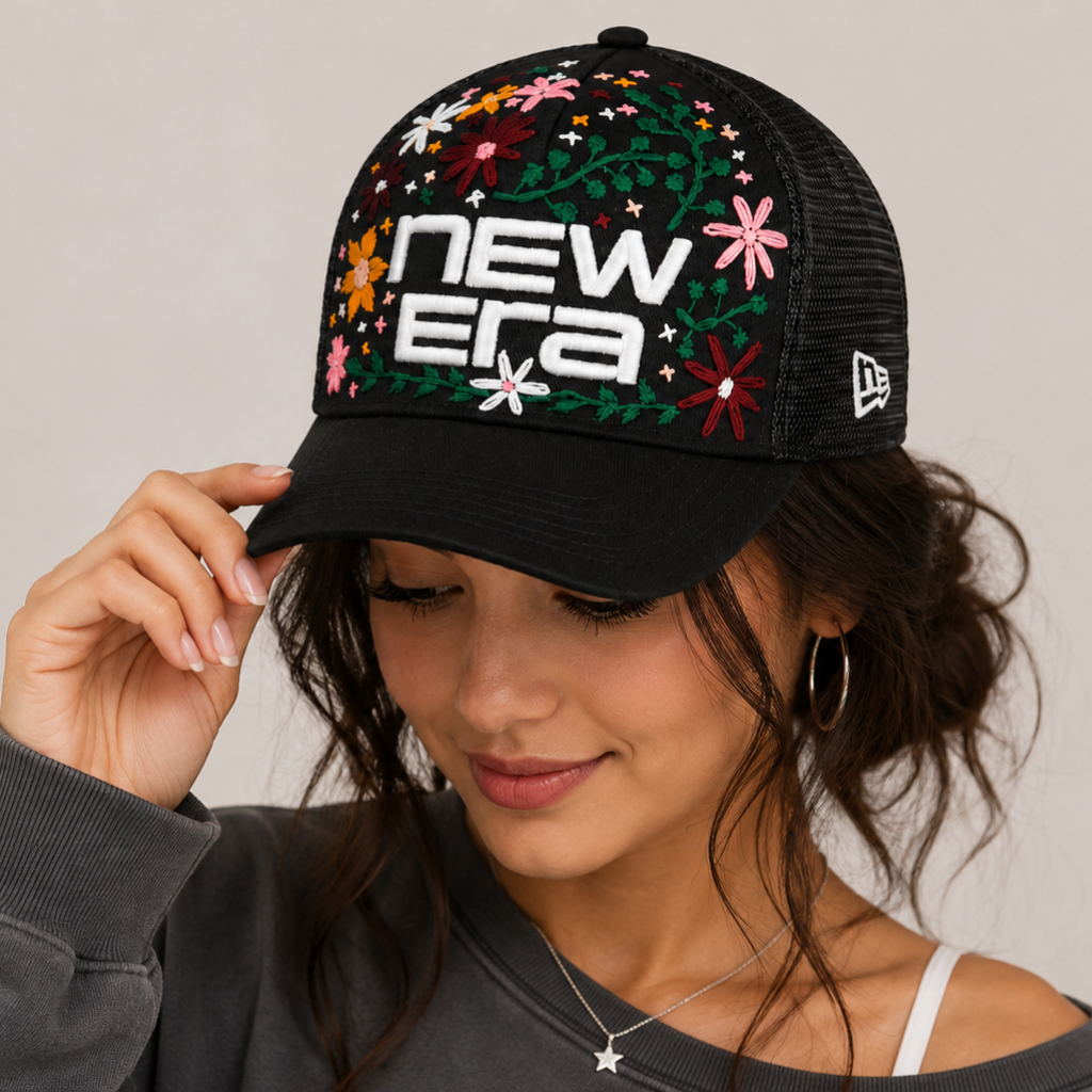 New Era Wildflower Crest Embroidered Trucker Cap – Black