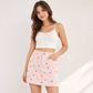 Wildgeese Blush Petal Embroidered Denim Mini Skirt – Women's High-Rise Floral Heart A-Line Skirt