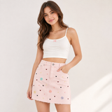Wildgeese Blush Petal Embroidered Denim Mini Skirt – Women's High-Rise Floral Heart A-Line Skirt