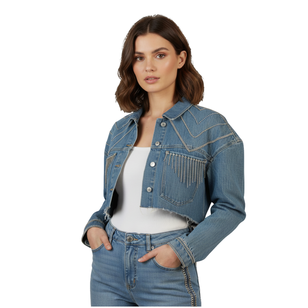 Wildgeese Handcrafted Crystal Fringe Denim Jacket – Unique Handmade Cropped Blue Denim Outerwear with Rhinestone Embellishments – Artisan Made Statement Fashion
