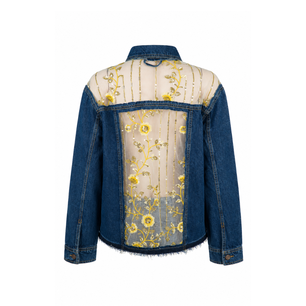 Wildgeese Handcrafted Sheer Embroidered Premium Denim Jacket – Luxury Designer Floral Mesh Outerwear