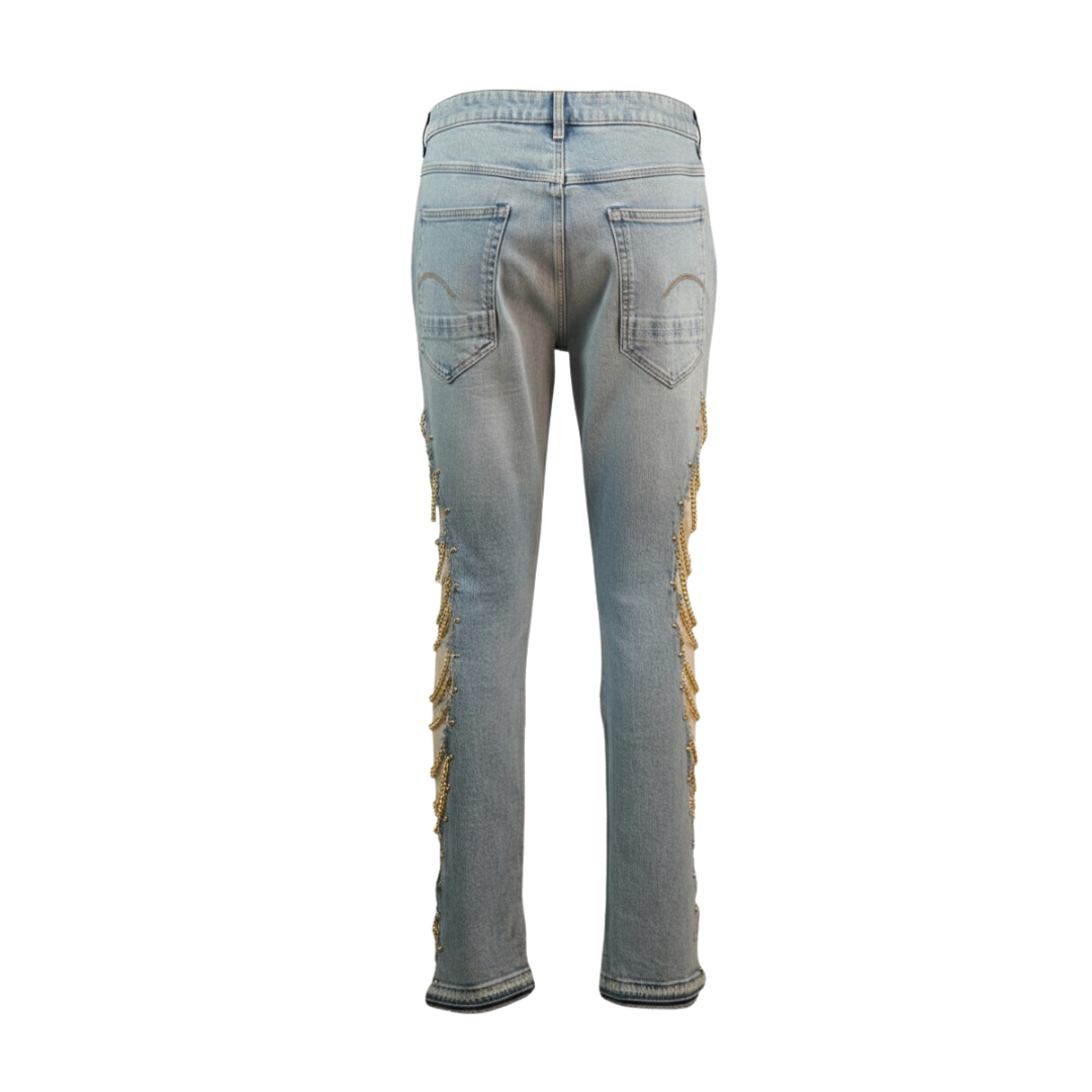 Premium Handcrafted Wildgeese Women's Light Wash Upcycled Denim Jeans with Gold Chain Cutout Detail | Handmade Statement Jeans