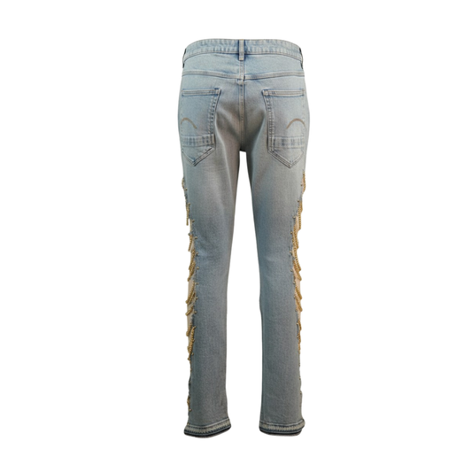 Premium Handcrafted Wildgeese Women's Light Wash Upcycled Denim Jeans with Gold Chain Cutout Detail | Handmade Statement Jeans