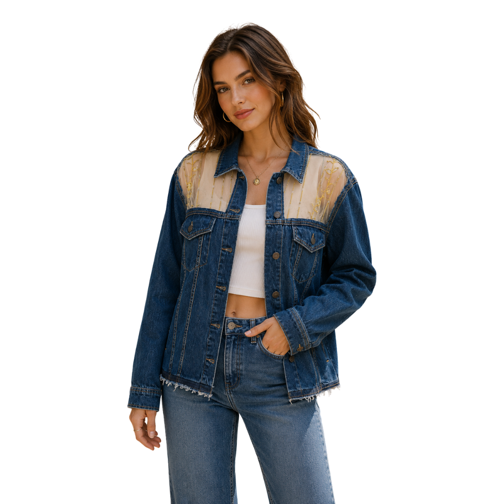Wildgeese Handcrafted Sheer Embroidered Premium Denim Jacket – Luxury Designer Floral Mesh Outerwear