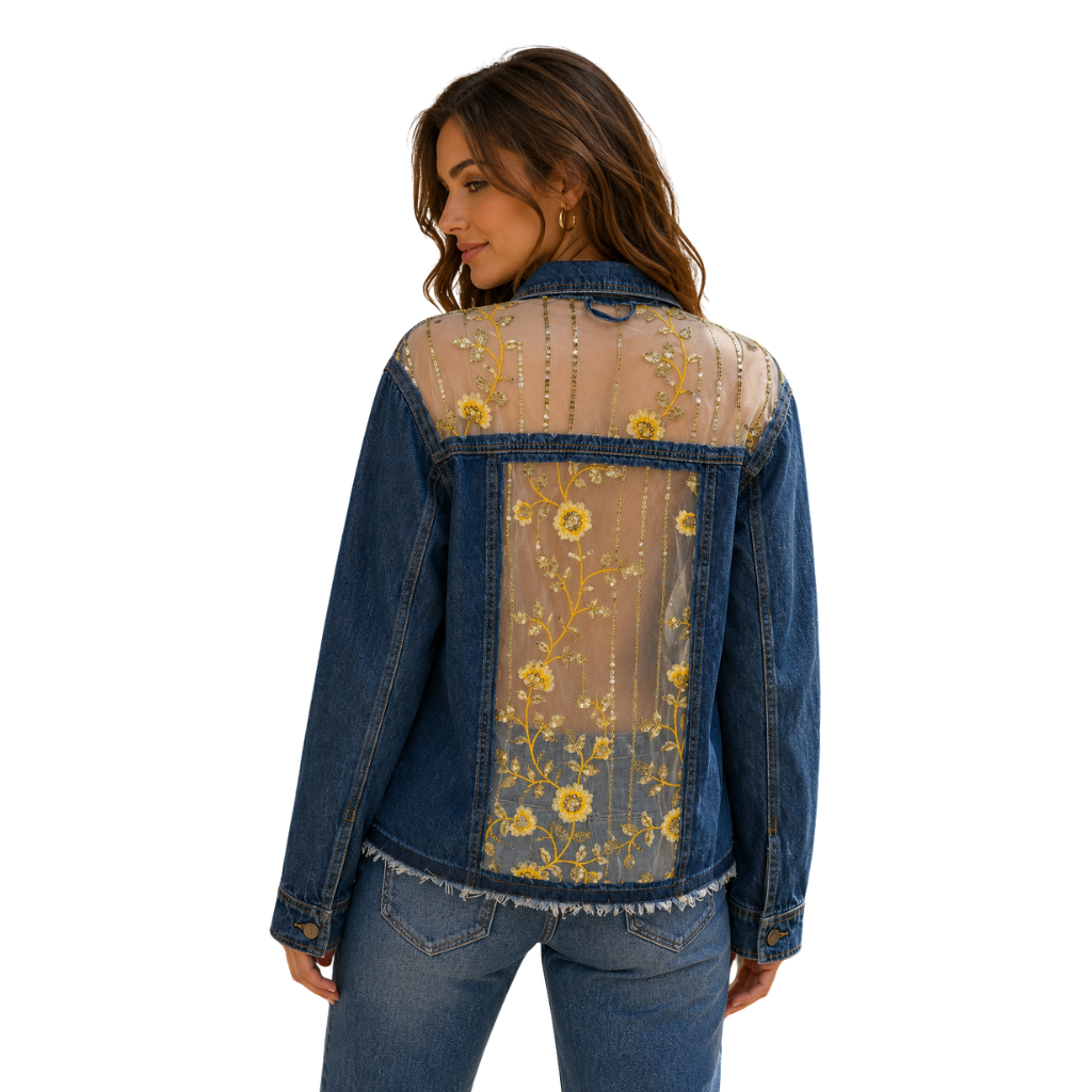 Wildgeese Handcrafted Sheer Embroidered Premium Denim Jacket – Luxury Designer Floral Mesh Outerwear