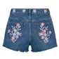 Blue denim shorts with floral embroidery on a white background