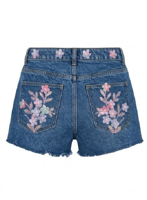 Blue denim shorts with floral embroidery on a white background