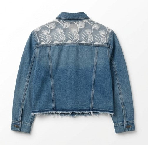 Blue denim jacket with floral embroidery on a white background