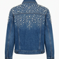 Blue denim jacket with white embellishments on a white background