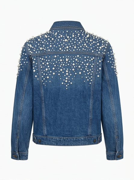 Blue denim jacket with white embellishments on a white background