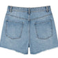 Back view of light blue denim shorts on a white background