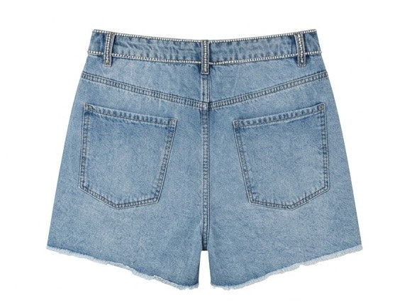 Back view of light blue denim shorts on a white background