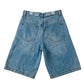 Blue denim shorts on a white background