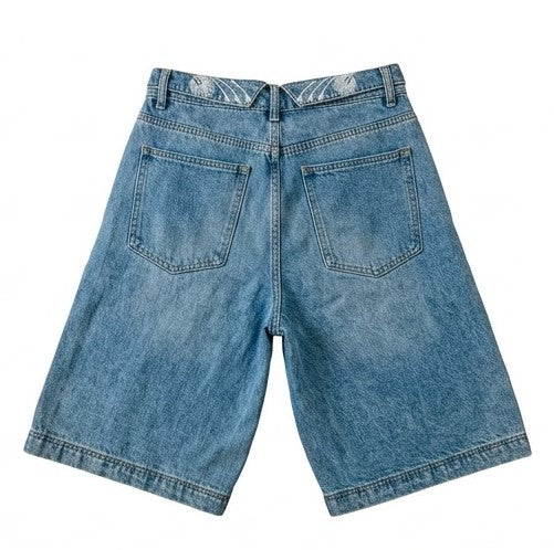 Blue denim shorts on a white background