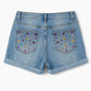 Blue denim shorts with embellished pockets on a white background