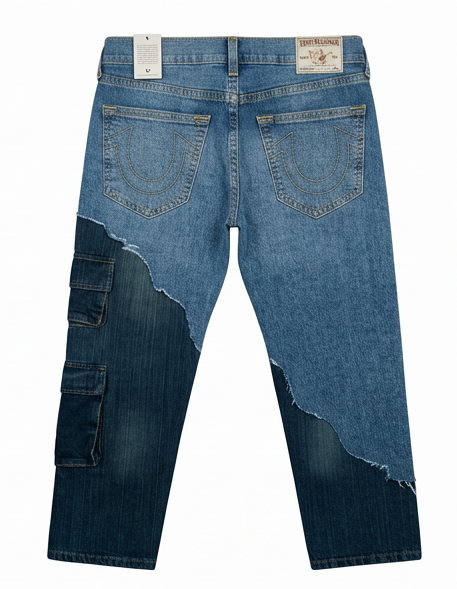 Blue jeans with a unique design on a white background