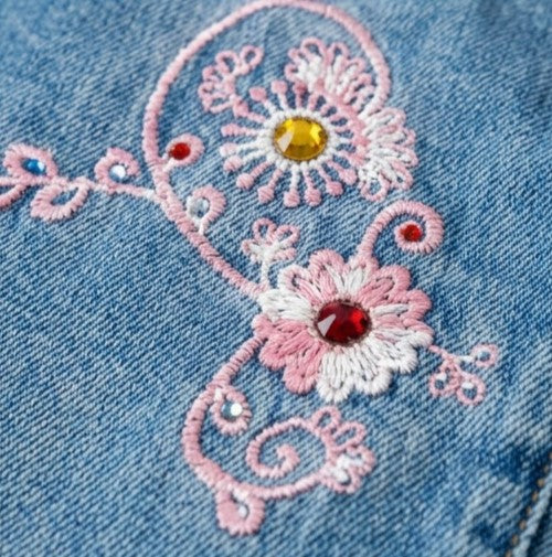 Embroidered floral design on denim fabric with pink and white flowers and red gemstones.