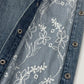 Close-up of denim fabric with floral embroidery and metal buttons.