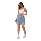 Wildgeese Handcrafted Crystal Embellished Distressed Denim Mini Skirt – Premium Light Wash Denim