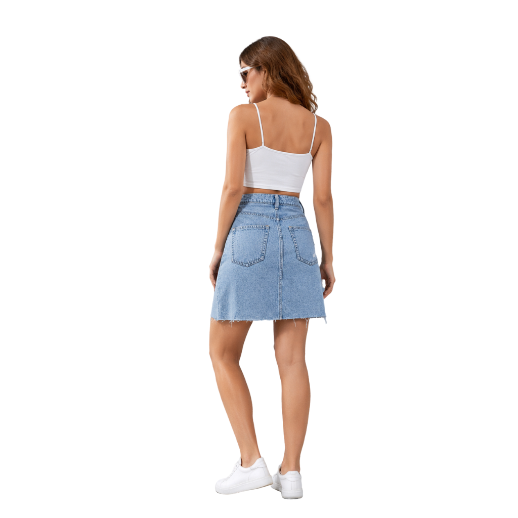 Wildgeese Handcrafted Crystal Embellished Distressed Denim Mini Skirt – Premium Light Wash Denim