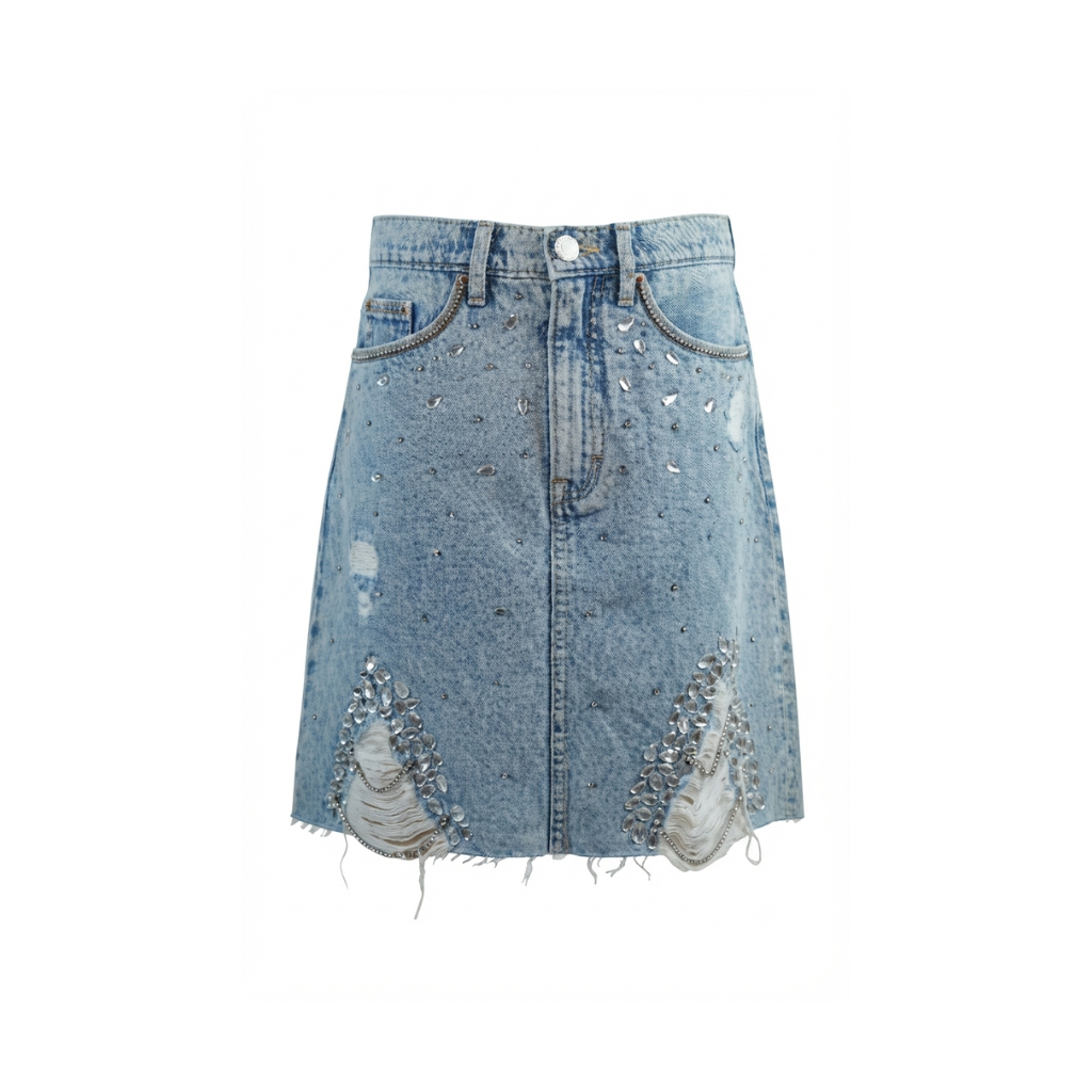 Wildgeese Handcrafted Crystal Embellished Distressed Denim Mini Skirt – Premium Light Wash Denim